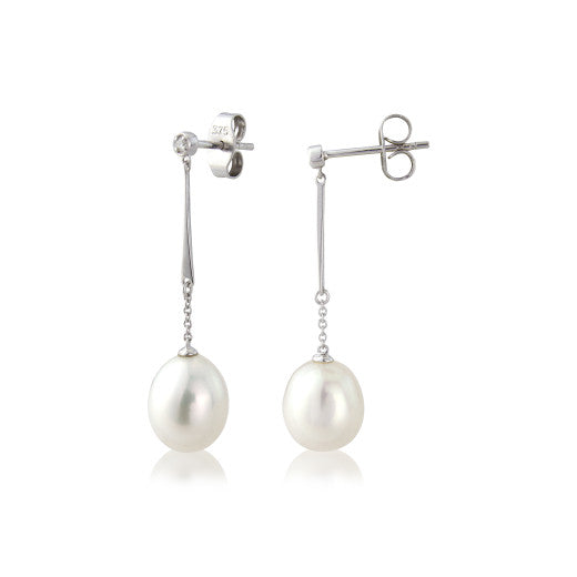 9ct White Gold Diamond And White Freshwater Cultured Pearl Drop Earrings