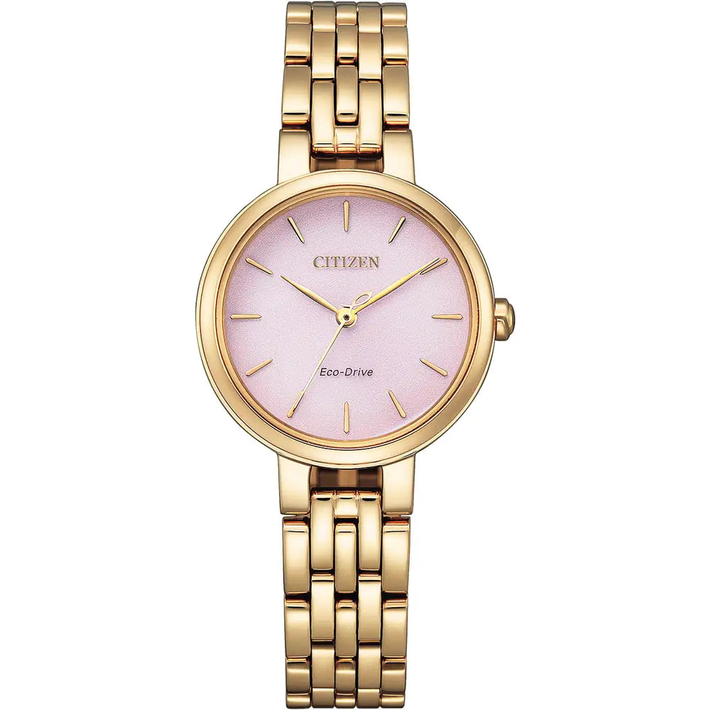 Citizen Soft Pink Round Dial Yellow Gold Plated Bracelet Watch EM0993-82X