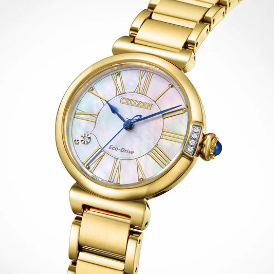 Citizen L Mae Gold Tone Stainless Mother of Pearl Full Roman Numeral Dial with Diamond Bracelet Watch EM1062-57D