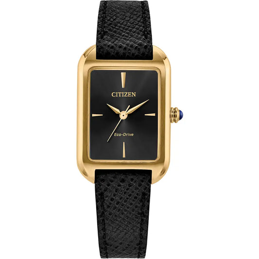 Citizen Eco-Drive Yellow Gold Tone Ladies Black Rectangular Dial Strap Watch EM1192-01E