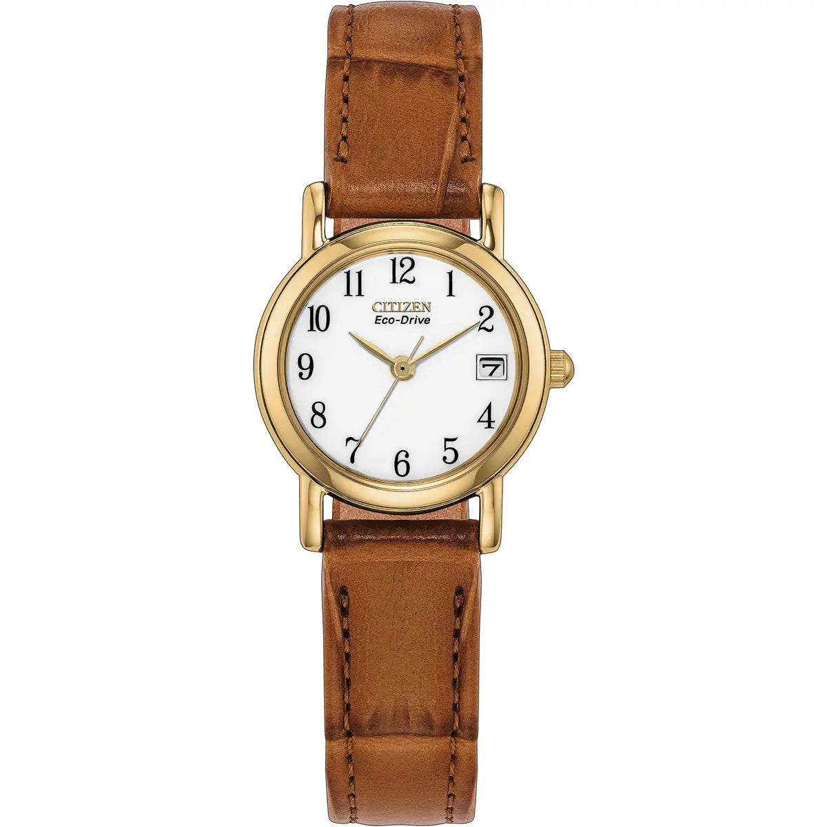 Citizen Ladies Yellow Gold Plated Round White Full Figure Dial Tan Strap Watch EW1273-08A