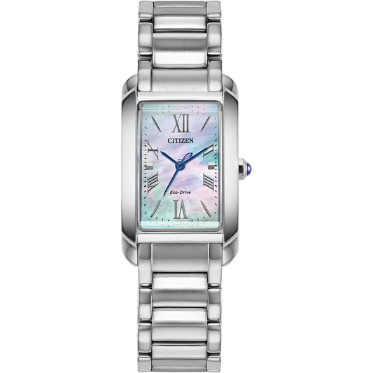Citizen Ladies Stainless Steel Oblong Blue Mother of Pearl Dial L Bianca Bracelet Watch EW5620-55N