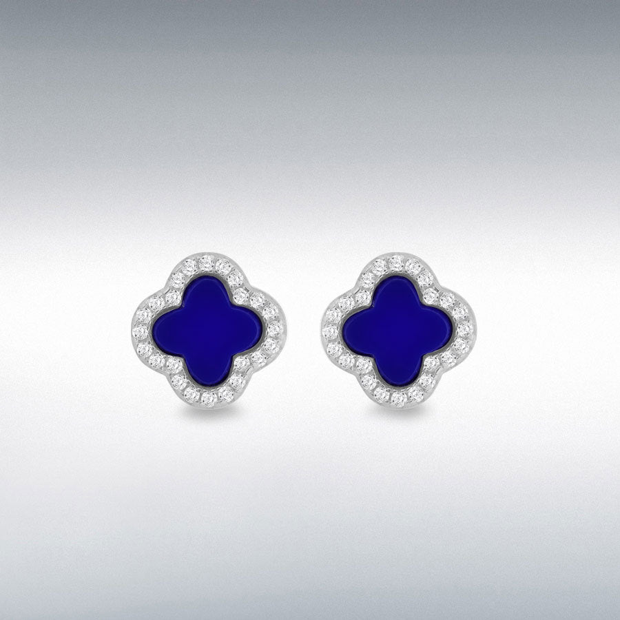 Sterling Silver Synthetic Blue Lazurite & Cubic Zirconia Four Petal Stud Earrings