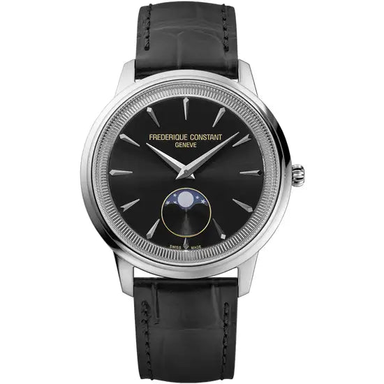 Frederique Constant watch with black dial and leather strap on a white background