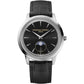 Frederique Constant watch with black dial and leather strap on a white background