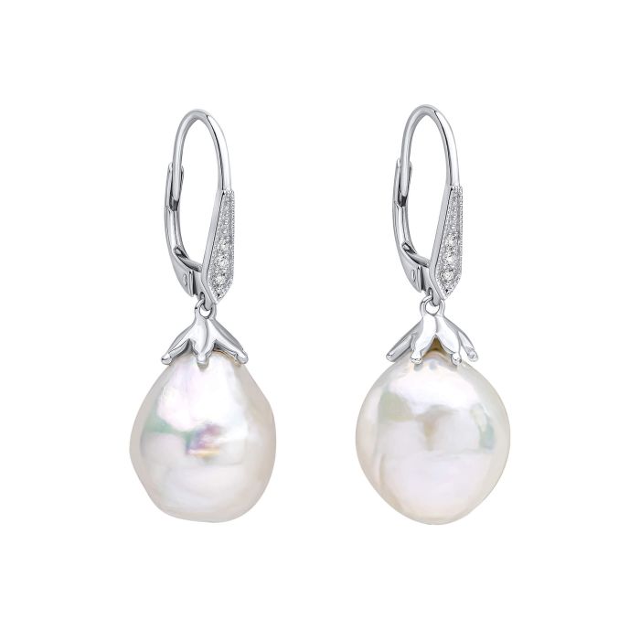 9ct White Gold Baroque Freshwater Cultured Pearl Teardrop Vintage White Topaz Earrings