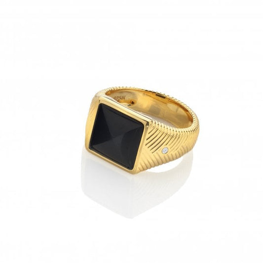 Hot Diamonds x Jac Jossa 18ct Yellow Gold Plated Onyx Signet Ring Size Large DR256