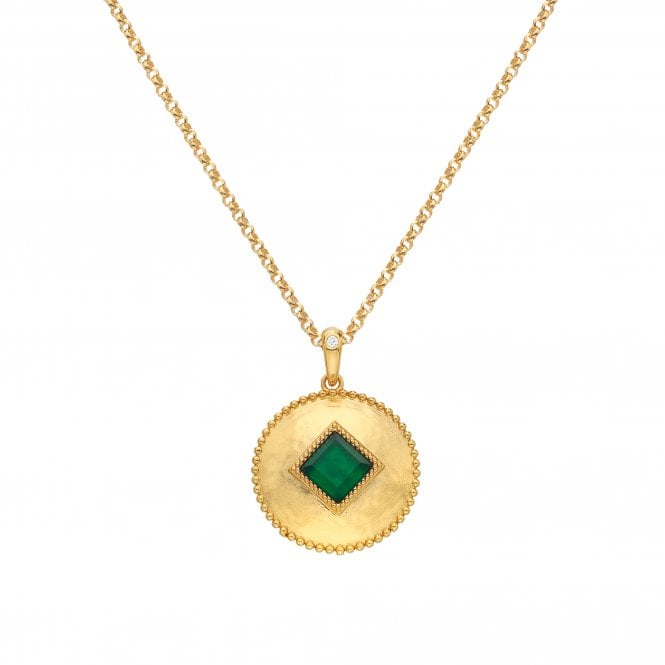 Hot Diamonds x Golden Edit Round Yellow Gold Plated Green Agate Coin Necklace