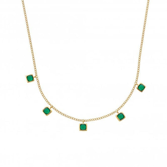 Hot Diamonds x Gem Hot Diamonds Green Agate Squares x5 Yellow Gold Plated Necklace