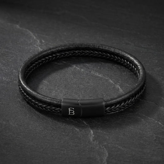 Steel & Barnett Men’s Black Edition Dual Band Black Leather Bracelet Small