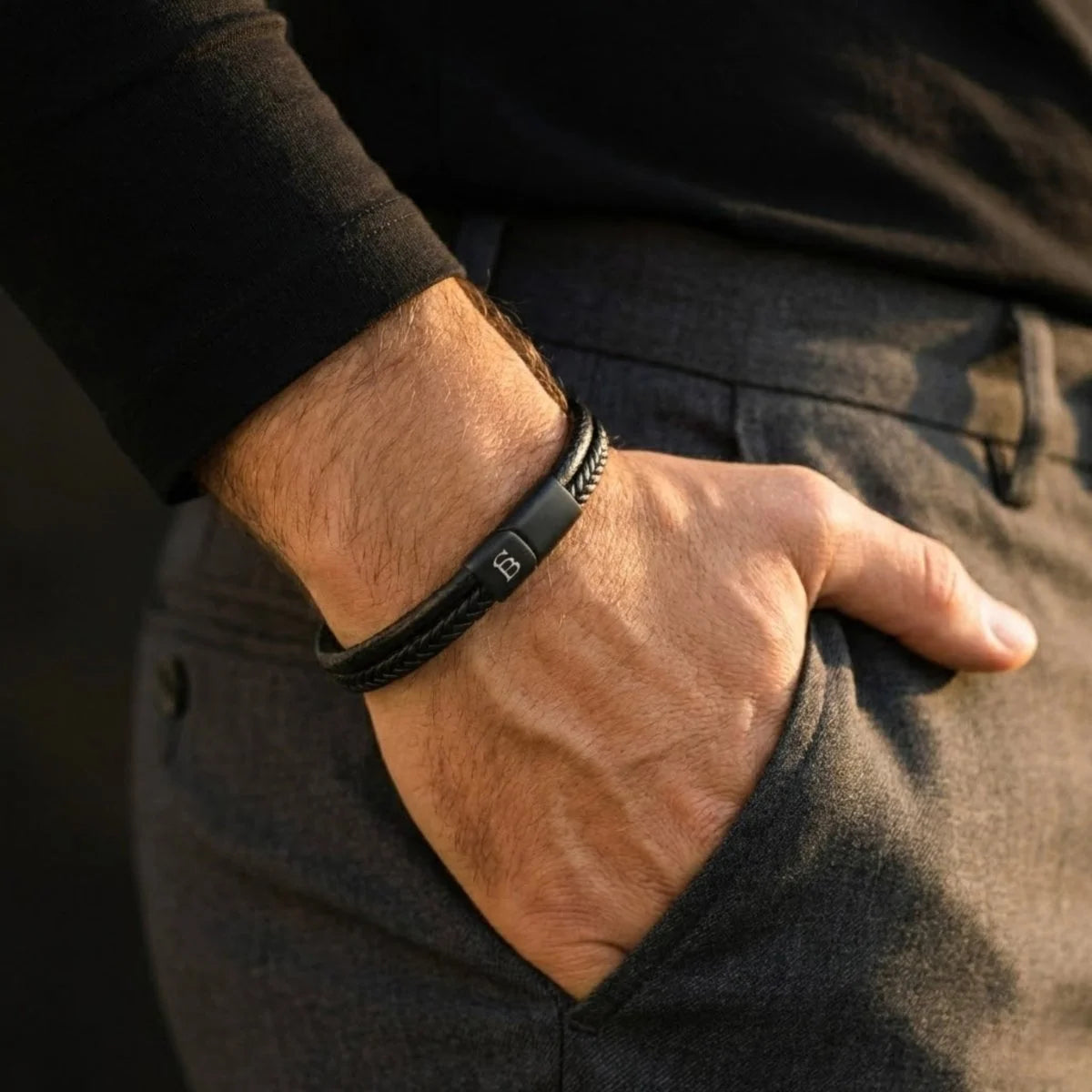Steel & Barnett Men’s Black Edition Dual Band Black Leather Bracelet Small