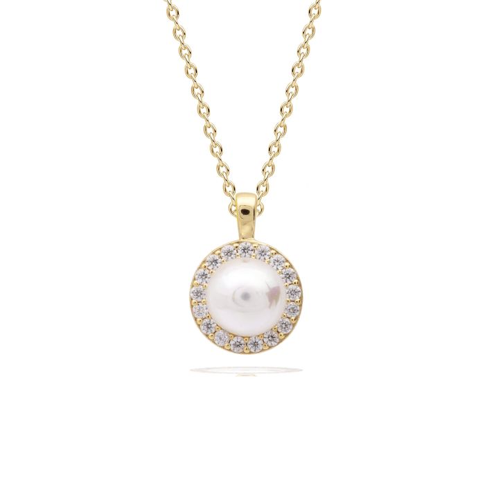 Diamonfire Yellow Gold Plated Imitation Pearl and Cubic Zirconia Necklace