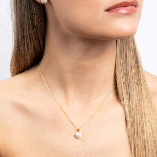 Diamonfire Yellow Gold Plated Imitation Pearl and Cubic Zirconia Necklace