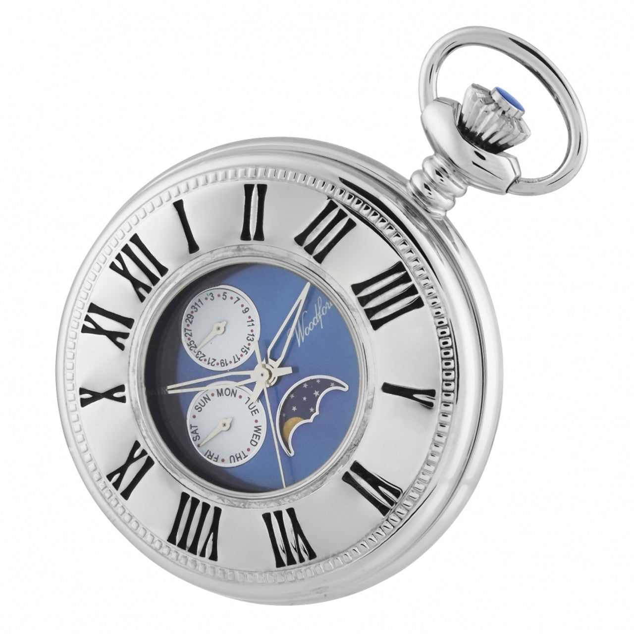 Chrome Plated Half Hunter Blue Dial Moonphase Quartz Pocket Watch