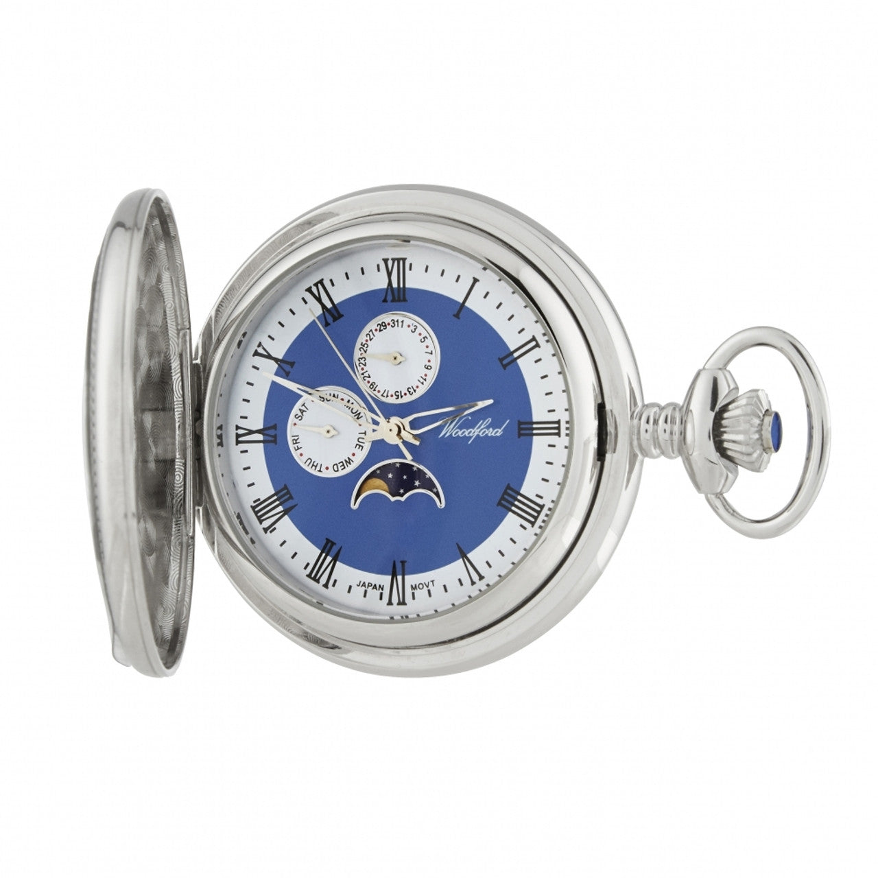 Chrome Plated Half Hunter Blue Dial Moonphase Quartz Pocket Watch