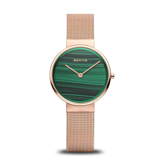 Bering Classic Polished Brushed Rose Gold Plated Green Dial Watch 14531-368 - Judith Hart Jewellers