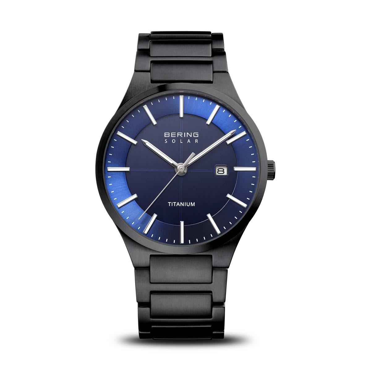 Bering Gents Black Plated Titanium Solar Powered Watch with Blue Dial and Date Window 15239-727 - Judith Hart Jewellers