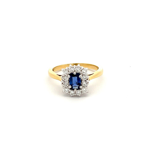 18ct Yellow Gold Emerald Cut Sapphire and Diamond Cluster Ring