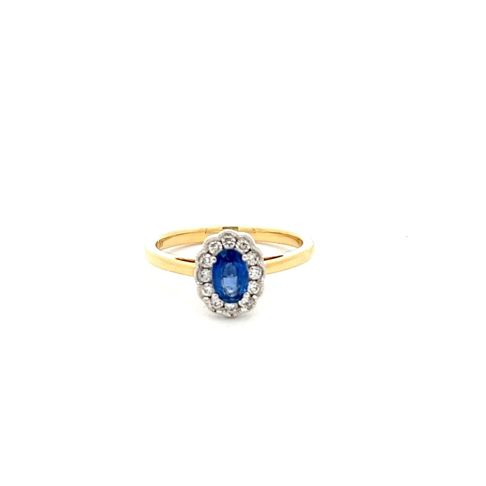 18ct Yellow Gold Oval Sapphire and Diamond Halo Ring - Judith Hart Jewellers