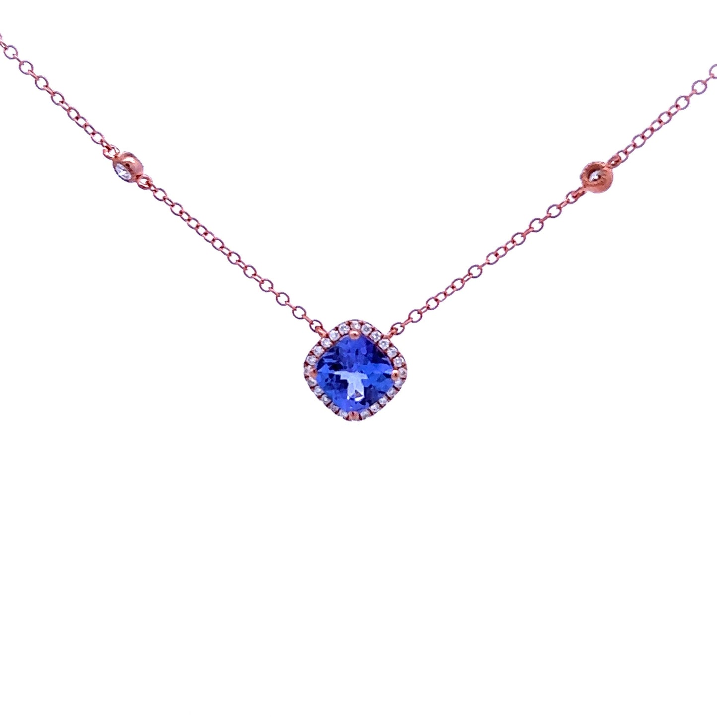 9ct Rose Gold Cushion Cut Tanzanite and Diamond Pendant with Diamond Chain - Judith Hart Jewellers