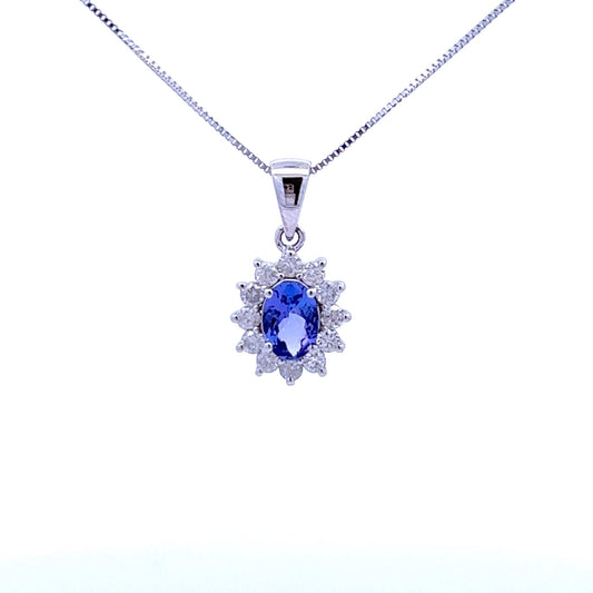 9ct White Gold Tanzanite and Diamond Pendant and Chain - Judith Hart Jewellers