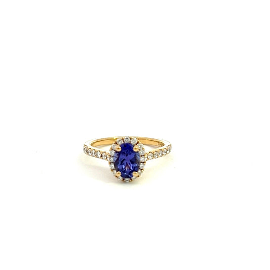 18ct Yellow Gold Tanzanite and Diamond Cluster Ring with Diamond Shoulders - Judith Hart Jewellers