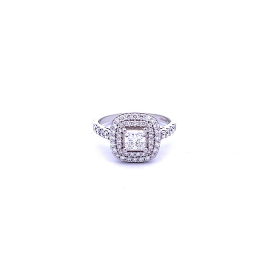 Platinum Princess Cut Diamond Double Halo Ring with Diamond Shoulders - Judith Hart Jewellers