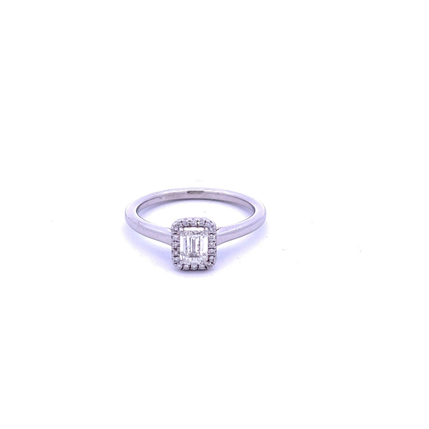 Platinum Emerald Cut Diamond Halo Ring - Judith Hart Jewellers