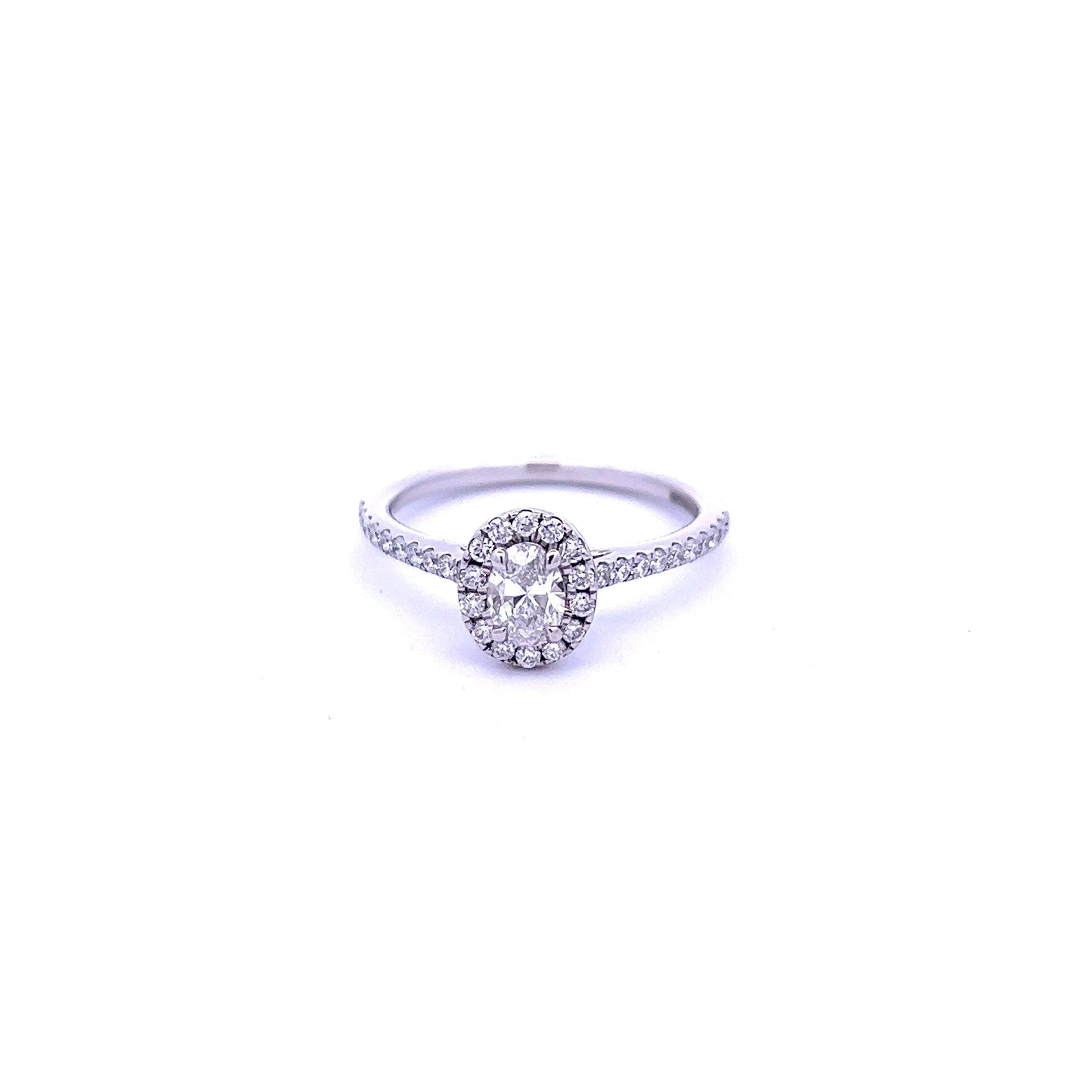 Platinum Oval Diamond Halo Ring with Diamond Shoulders - Judith Hart Jewellers