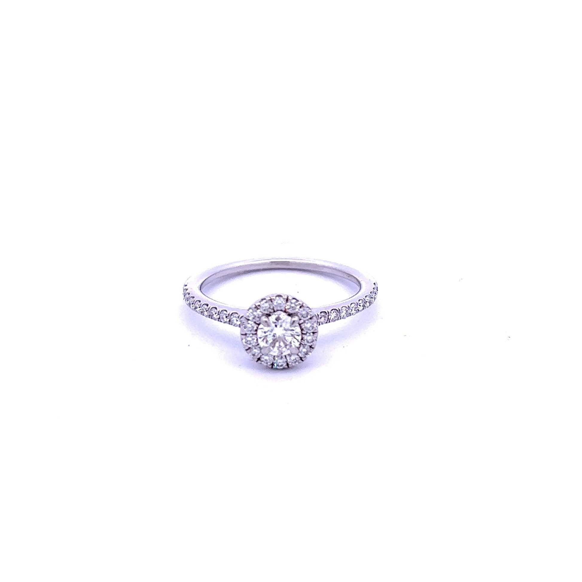 Platinum Brilliant Cut Diamond Halo Ring with Diamond Shoulders - Judith Hart Jewellers