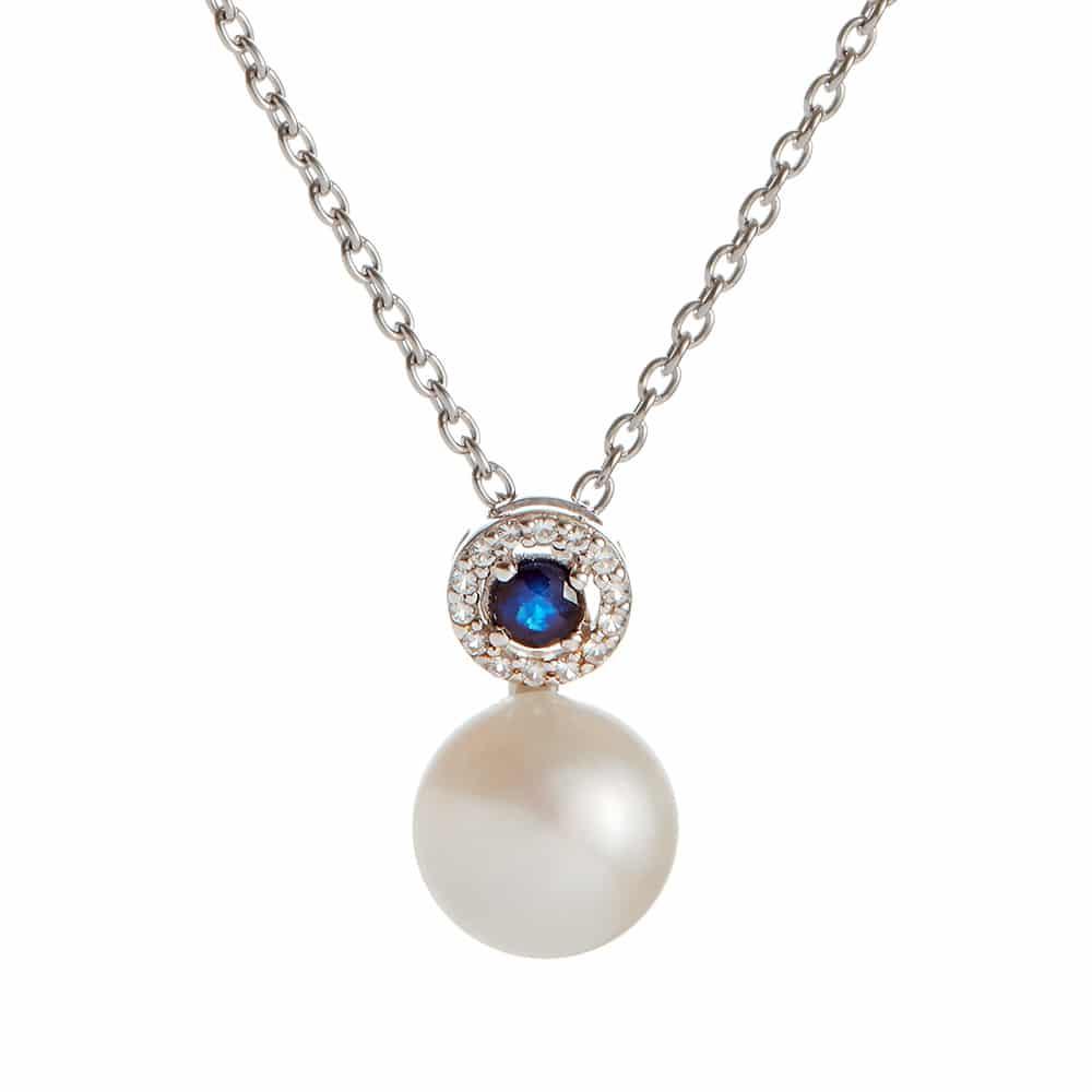 Jersey Pearl Amberley Freshwater Cultured Pearl, Blue Sapphire and White Topaz Pendant and Chain - Judith Hart Jewellers