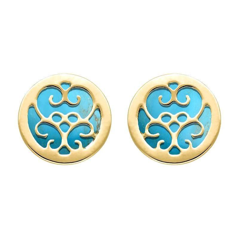 Round Turquoise Flat Filigree Ear Studs in 9ct Yellow Gold - Judith Hart Jewellers