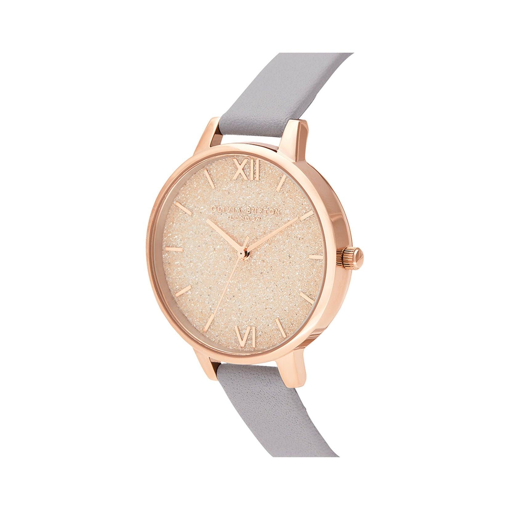 Olivia Burton Glitter Dial Pale Gold Watch with Grey Leather Strap OB16GD45 - Judith Hart Jewellers