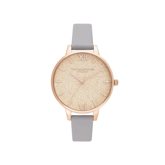 Olivia Burton Glitter Dial Pale Gold Watch with Grey Leather Strap OB16GD45 - Judith Hart Jewellers