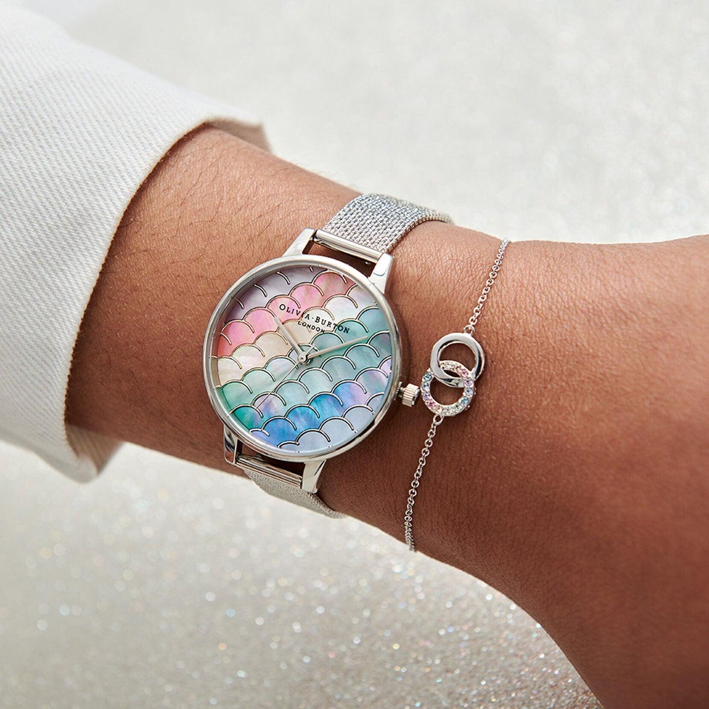 Olivia Burton Rainbow Mermaid Tail Stainless Steel Mesh Bracelet Watch OB16US46 - Judith Hart Jewellers