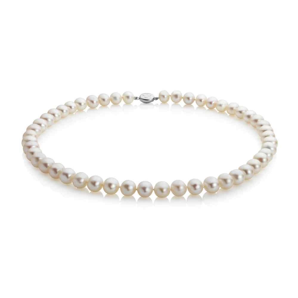 Jersey Pearl Sterling Silver Clasp, White Freshwater Cultured 7-7.5mm Pearl 18" Necklace
