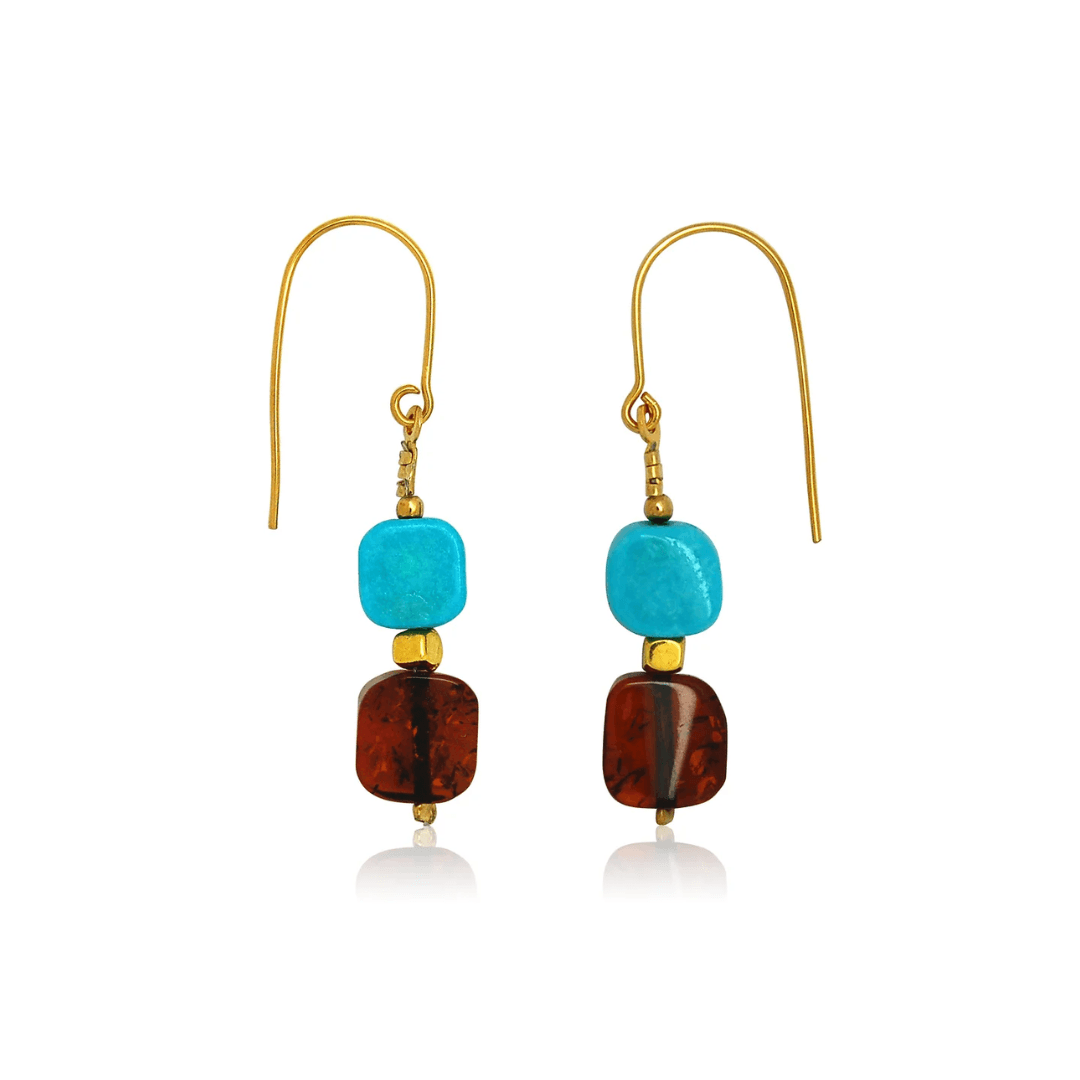 Yellow Gold Plated Amber and Turquoise Drop Earrings - Judith Hart Jewellers