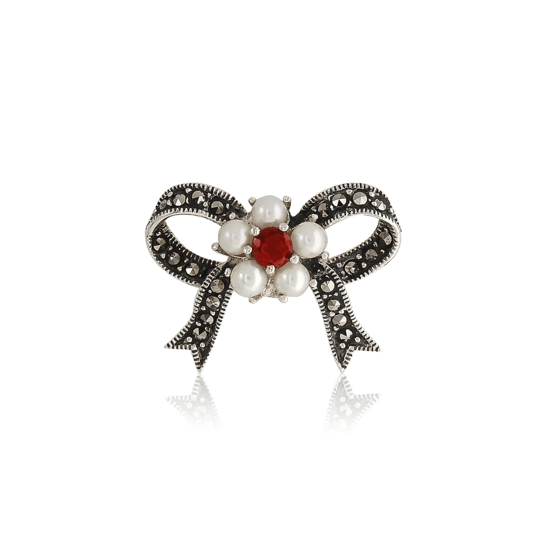 Sterling Silver Marcasite, Garnet and Pearl Bow Brooch - Judith Hart Jewellers