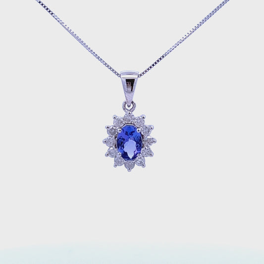 9ct White Gold Tanzanite and Diamond Pendant and Chain