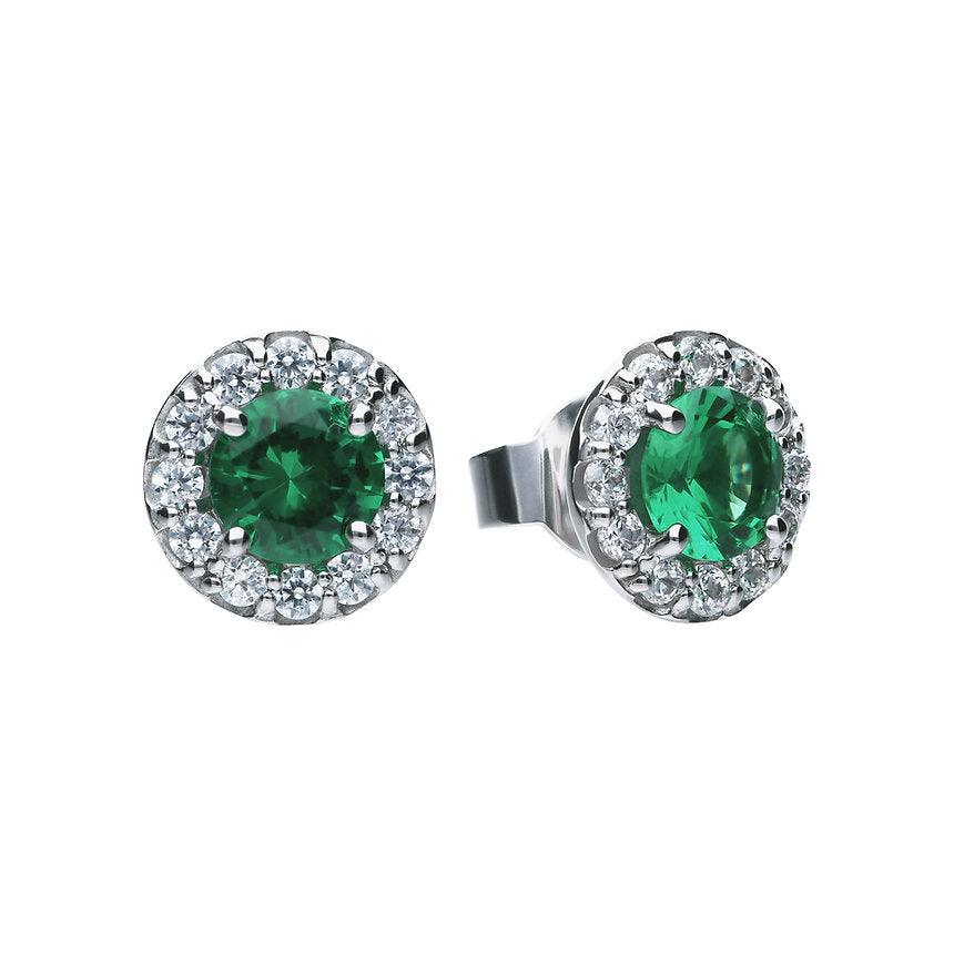 Diamonfire Silver Round Cluster with Green Centre Stone and Cubic Zirconia Halo Stud Earrings E5655 - Judith Hart Jewellers