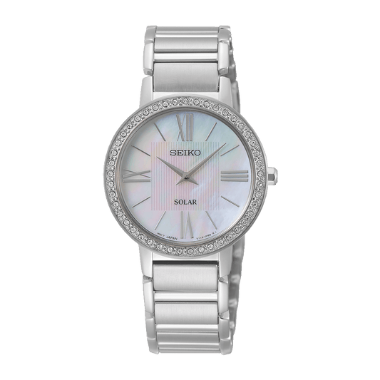 Seiko Ladies Solar Powered Mother of Pearl Bracelet Watch with Crystal Set Bezel SUP431P1 - Judith Hart Jewellers