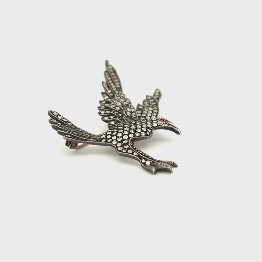 Pre-Owned Marcasite and Red Crystal Bird Brooch