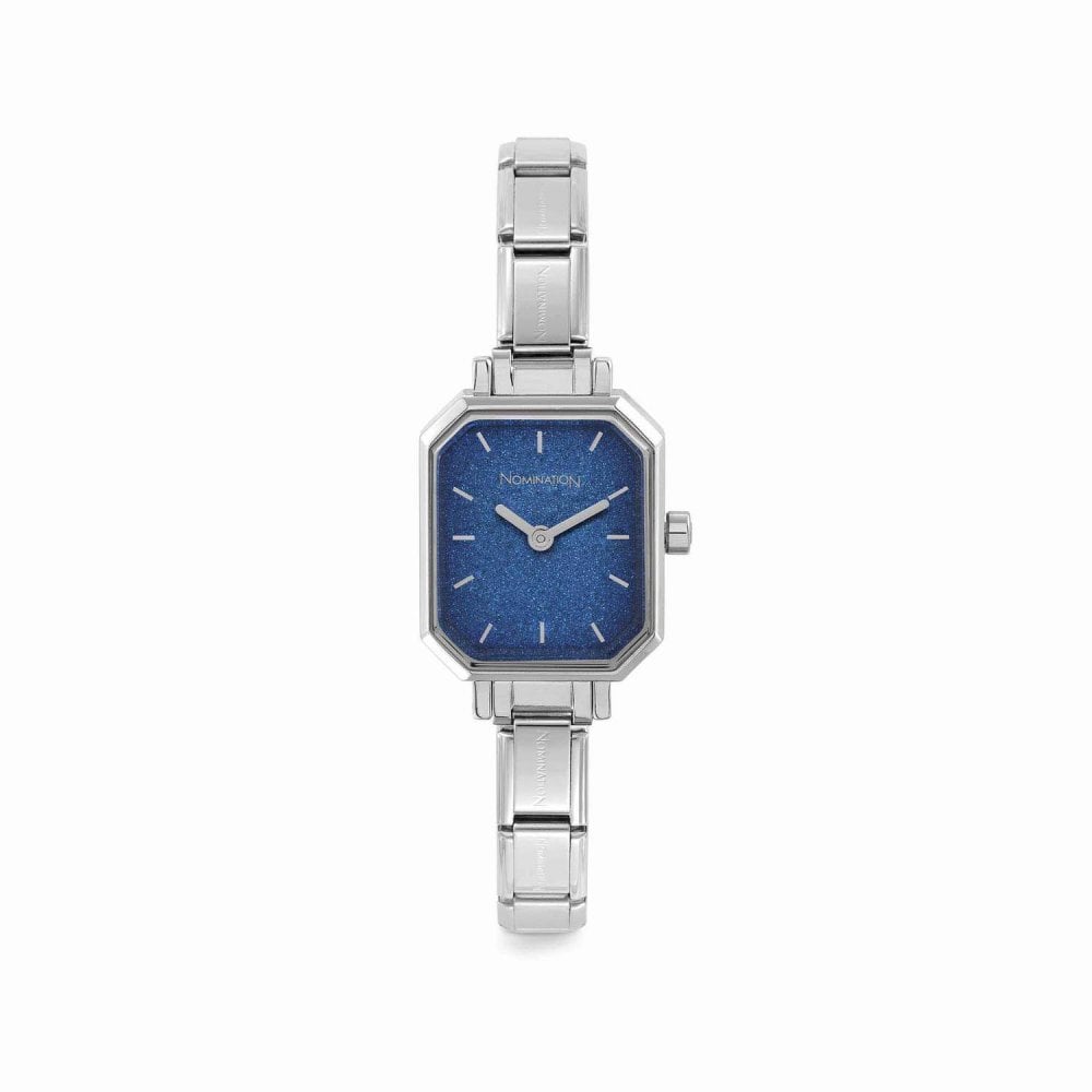 Nomination Time Rectangle Blue Glitter Dial & Silver Charm Bracelet Watch 076030/024