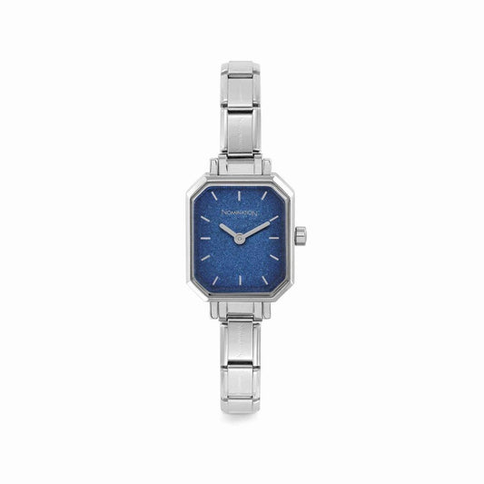 Nomination Time Rectangle Blue Glitter Dial & Silver Charm Bracelet Watch 076030/024
